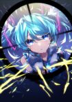  1girl bangs blue_eyes blue_hair collared_shirt crosshair crying detached_sleeves electricity floating_hair frilled_shirt frills frown hatsune_miku headset hibana_(vocaloid) highres looking_at_viewer necktie parted_lips shirt sleeveless sleeveless_shirt solo soramame_pikuto tears twintails vocaloid 