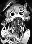  1girl 4shi black_background commentary_request dango-chan_(4shi) double_bun food greyscale hair_between_eyes hair_bun hat highres holding holding_food horror_(theme) long_sleeves looking_at_viewer monochrome octopus original pirate_hat school_uniform serafuku short_hair solo takoyaki 