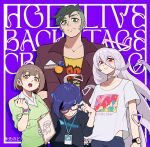  1boy 1other 2girls a-chan_(hololive) adjusting_eyewear alternate_costume aqua_eyes background_text badge bangs black_shirt blue_bow blue_hair blue_nails blue_pants bow bracelet brown_eyes brown_hair brown_jacket button_badge choker clipboard closed_mouth collared_shirt crew_neck daidou_shinove english_commentary english_text glasses green_eyes green_nails green_sweater hair_behind_ear hair_between_eyes hair_bow hand_on_own_arm harusaki_nodoka holding holding_clipboard hololive hololive_english holostars id_card jacket jewelry keenbiscuit leaning_forward logo long_hair looking_at_viewer multiple_girls no_eyewear omega_alpha open_collar open_mouth pants pink_hair pink_nails print_shirt purple_background red-framed_eyewear red_eyes shirt short_hair sweater swept_bangs teeth triangle_halo undercut upper_body upper_teeth v-neck virtual_youtuber watch watch white_choker white_shirt yellow_shirt 