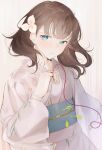  1girl blush breasts expressionless floating_hair flower hair_flower hair_ornament idolmaster idolmaster_cinderella_girls japanese_clothes kimono koyo_akio leaf_print looking_at_viewer obi sakuma_mayu sash simple_background solo string string_of_fate upper_body white_kimono 