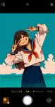  1girl bangs blue_sailor_collar blue_skirt blue_sky brown_hair closed_eyes clouds double_v hand_up highres leaning_to_the_side long_hair long_sleeves midriff_peek neckerchief ocean original outdoors parted_lips phone_screen photo_(object) pleated_skirt red_neckerchief sailor_collar school_uniform serafuku shirt skirt sky smile solo standing tamagosan1001 v water white_shirt 