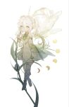  1girl bare_shoulders bloom expressionless fairy fairy_wings full_body genshin_impact green_eyes hair_between_eyes highres kb_beary looking_at_viewer nahida_(genshin_impact) parted_lips pointy_ears simple_background solo transparent_wings white_background white_wings wings 