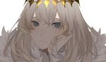  1boy androgynous bad_id bad_twitter_id blonde_hair blue_eyes cape closed_mouth crown fate/grand_order fate_(series) fur_trim head_rest long_hair looking_at_viewer male_focus oberon_(fate) orenagu solo white_background 