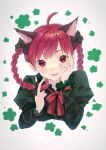  1girl :d animal_ears black_bow bow braid cat_ears cropped_torso dress fangs frills green_dress hair_bow highres kaenbyou_rin kirby1love long_sleeves red_eyes redhead smile solo touhou twin_braids 