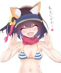  1girl :d animal_ear_fluff animal_ears arm_up bandana bangs bare_legs blue_archive brown_hair closed_eyes halo highres izuna_(blue_archive) izuna_(swimsuit)_(blue_archive) kuma_sdvx looking_at_viewer open_mouth smile solo upper_body 
