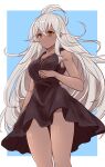  1girl ahoge asakura_aoshi bangs black_dress breasts closed_mouth collarbone dark_skin dress granblue_fantasy grey_hair hair_between_eyes large_breasts long_hair red_eyes simple_background smile solo spiky_hair standing zooey_(granblue_fantasy) 