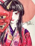  1girl absurdres black_hair chichi_chichi closed_mouth eyeshadow floral_dress highres ink_(medium) japanese_clothes kimono long_hair makeup mask oni_mask original partially_colored portrait red_circle solo traditional_media upper_body writing 