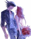  1boy 1girl absurdres arms_behind_back bare_arms black_hair black_jacket blonde_hair blue_eyes blue_shirt bouquet brown_eyes closed_mouth collarbone couple eye_contact floating_hair flower fudou_yuusei grey_pants grey_shirt hetero highres holding holding_bouquet izayoi_aki jacket leaning_back leaning_forward long_hair looking_at_another multicolored_hair naoki_(2rzmcaizerails6) open_clothes open_jacket pants red_flower red_rose redhead rose shiny shiny_hair shirt simple_background sleeveless sleeveless_shirt spiky_hair two-tone_hair white_background yu-gi-oh! yu-gi-oh!_5d&#039;s 