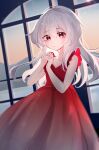  1girl absurdres clara_(honkai:_star_rail) closed_mouth dress expressionless highres honkai:_star_rail honkai_(series) linnoko long_hair looking_at_viewer own_hands_clasped own_hands_together red_dress red_eyes sketch solo sunset white_hair window 