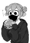  1girl 4shi bangs burger commentary_request dango-chan_(4shi) double_bun food greyscale hair_between_eyes hair_bun highres holding holding_food hollow_eyes jacket long_sleeves looking_at_food mask monochrome mouth_mask open_mouth original short_hair simple_background sleeves_past_wrists solo upper_body when_you_see_it white_background 