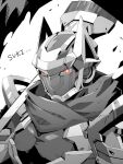  1boy algernon_(housamo) armor broom commentary_request greyscale helmet highres holding holding_broom looking_at_viewer male_focus monochrome muscular muscular_male nizitarosan pectorals red_eyes romaji_text scarf solo spot_color tokyo_afterschool_summoners upper_body white_background 