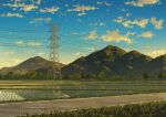  absurdres blue_sky clouds commentary_request day grass highres mountain no_humans original outdoors pinoj0214 power_lines rice_paddy road rural scenery sky transmission_tower 