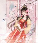  1girl banner beads bird book branch chinese_clothes earrings eyeshadow flower hair_flower hair_ornament hair_rings hanfu highres holding holding_brush jewelry long_hair long_sleeves lu_c makeup open_mouth original solo teeth upper_body upper_teeth 