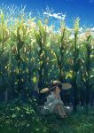  1girl bangs black_bow blue_sky blush bow brown_eyes dress hair_over_one_eye hands_on_own_face hat hat_bow hat_ribbon highres long_hair open_mouth original plant potg_(piotegu) ribbon sitting sky solo straw_hat summer white_dress 
