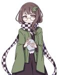  1girl :3 absurdres animal_ears bottle brown_eyes brown_hair checkered_clothes checkered_scarf futatsuiwa_mamizou glasses hair_ornament highres japanese_clothes kame_(kamepan44231) kimono kiseru leaf leaf_hair_ornament leaf_on_head pince-nez raccoon_ears raccoon_tail scarf simple_background smoking_pipe solo tail touhou white_background 