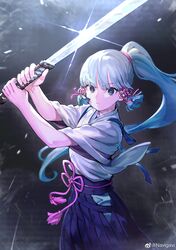  1girl absurdres blue_eyes blue_hair blue_hakama closed_mouth cowboy_shot flower_knot genshin_impact glint hair_ribbon hakama highres holding holding_sword holding_weapon japanese_clothes jun_(seojh1029) kamisato_ayaka kimono light_blue_hair long_hair looking_at_viewer obi obijime pink_ribbon ponytail ribbon sash sidelocks solo standing sword tasuki v-shaped_eyebrows weapon weibo_logo weibo_username white_kimono 