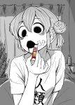  1girl 4shi bangs blood blood_on_face commentary_request dango-chan_(4shi) glue_stick greyscale hair_between_eyes hair_bun highres holding hollow_eyes indoors monochrome open_mouth original shirt short_hair short_sleeves solo tape upper_body 