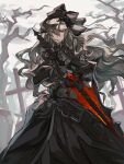  1girl bare_tree black_dress black_flower black_gloves black_rose cross dress fate/grand_order fate_(series) flower gloves grey_eyes grey_hair hat highres holding holding_sword holding_weapon kashia kriemhild_(fate) long_hair mole mole_under_eye rose sword tree weapon wind 