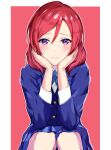  1girl :&gt; blue_jacket blue_skirt blush commentary hands_on_own_cheeks hands_on_own_face head_rest highres jacket looking_at_viewer love_live! love_live!_school_idol_project medium_hair miniskirt nishikino_maki otonokizaka_school_uniform outline red_background redhead school_uniform simple_background single_bang sitting skirt solo supra_is_black_(altea) triangle_mouth violet_eyes white_outline winter_uniform 