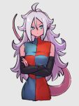 1girl android_21 black_sleeves blue_eyes breasts checkered_clothes checkered_dress closed_mouth colored_skin crossed_arms detached_sleeves dragon_ball dragon_ball_fighterz dress grey_background hair_between_eyes kemachiku long_hair majin_android_21 medium_breasts pink_skin pointy_ears simple_background solo tail white_hair