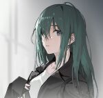  1girl black_coat blurry blurry_background coat green_hair green_pupils grey_eyes hair_between_eyes highres light_particles long_hair looking_at_viewer open_clothes open_coat original parted_lips sketch sleeves_past_wrists solo upper_body yeyuanqianqianqian 
