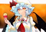  1girl ascot bat_wings collared_shirt frilled_shirt_collar frilled_sleeves frills hat highres light_purple_hair mob_cap qqqrinkappp red_ascot red_eyes remilia_scarlet shirt short_hair slit_pupils solo touhou traditional_media white_headwear white_shirt wings 