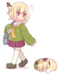  2girls animal_ear_fluff animal_ears bag bangs black_footwear blonde_hair blush closed_eyes closed_mouth fox_ears fox_girl fox_tail green_shirt hair_between_eyes hair_bun hair_ornament highres kemomimi-chan_(naga_u) loafers long_sleeves multiple_girls naga_u necktie no_animal_ears orange_necktie original pleated_skirt purple_skirt ribbon-trimmed_legwear ribbon_trim sailor_collar school_bag school_uniform serafuku shadow shirt shoes simple_background skirt sleeves_past_fingers sleeves_past_wrists tail thigh-highs violet_eyes walking white_background white_sailor_collar white_thighhighs 