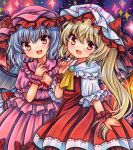  2girls :d ascot bangs bat_wings blonde_hair blue_hair blush bow brooch commentary_request cowboy_shot dress dress_bow fang flandre_scarlet flower frilled_dress frills hat hat_bow hat_flower index_finger_raised jewelry long_hair looking_at_viewer marker_(medium) medium_hair mob_cap multiple_girls open_mouth own_hands_together partial_commentary pink_dress pink_headwear puffy_short_sleeves puffy_sleeves red_ascot red_bow red_dress red_eyes red_flower red_rose remilia_scarlet rose rui_(sugar3) sample_watermark short_sleeves siblings side_ponytail sisters smile sparkle standing touhou traditional_media white_headwear white_sleeves wings wrist_cuffs yellow_ascot 