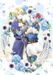  1boy 1girl absurdres bangs belt blonde_hair blue_eyes blue_hair blush circlet fingerless_gloves fire_emblem fire_emblem:_the_binding_blade flower gloves green_tapir hair_flower hair_ornament highres klein_(fire_emblem) short_hair skirt thea_(fire_emblem) thigh-highs violet_eyes white_skirt 