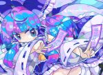  1girl alternate_color ascot blue_bow blue_eyes blue_hair blue_skirt blush bow character_name closed_mouth commentary detached_sleeves expressionless feet_out_of_frame frilled_ascot frilled_bow frilled_hair_tubes frilled_skirt frills hair_bow hair_tubes hakurei_reimu harunori_(hrnrx) holding long_hair looking_at_viewer ofuda ribbon-trimmed_sleeves ribbon_trim skirt solo symbol-only_commentary touhou twitter_username yellow_ascot yin_yang 