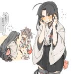  2girls ahoge black_hair black_hakama brown_eyes commentary_request cowboy_shot embarrassed hakama hakama_short_skirt hakama_skirt hands_on_own_face hinata_hibari japanese_clothes kantai_collection kimono long_hair low-tied_long_hair multiple_girls shouhou_(kancolle) simple_background skirt solo_focus standing thigh-highs white_background white_kimono zuihou_(kancolle) 