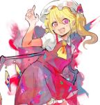  1girl :d arm_up ascot blonde_hair contrapposto cowboy_shot crystal fangs flandre_scarlet hat kujikimi mob_cap open_mouth short_sleeves simple_background skirt skirt_set smile solo teeth touhou traditional_media vest white_background wings 