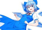  1girl :d blue_bow blue_dress blue_eyes blue_hair bow breasts cirno dress hair_bow kakone open_mouth puffy_short_sleeves puffy_sleeves short_sleeves simple_background small_breasts smile solo touhou white_background wings 