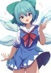  1girl absurdres adapted_costume blue_dress blue_eyes blue_hair blush bow cirno collarbone cowboy_shot darumoon dress fairy green_bow hair_between_eyes hair_bow highres ice ice_wings open_mouth sailor_collar sailor_dress short_hair short_sleeves simple_background solo touhou v white_background white_sailor_collar wings 