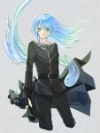  1other absurdres androgynous bangs belt belt_buckle black_belt black_pants black_shirt blue_hair buckle closed_mouth collarbone cropped_legs dress_shirt floating_hair grey_background hair_between_eyes highres long_hair long_sleeves pants rimuru_tempest rimuru_tempest_(slime) shirt slime_(creature) smile straight_hair tensei_shitara_slime_datta_ken very_long_hair wata_miya_(shiro_momen) yellow_eyes 