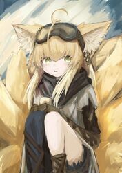  1girl absurdres ahoge animal_ear_fluff animal_ears arknights asymmetrical_pants bandana bangs black_pants blonde_hair commentary_request feet_out_of_frame fox_ears fox_girl fox_tail goggles goggles_on_head green_eyes hair_between_eyes highres kitsune knees_up layered_sleeves long_hair long_sleeves looking_at_viewer pants parted_lips piennamekuzi short_over_long_sleeves short_sleeves solo squatting suzuran_(arknights) suzuran_(lostlands_flowering)_(arknights) tail 