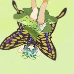  1girl antennae aqua_hair bloomers butterfly_wings closed_eyes closed_mouth dress eternity_larva fairy feet_out_of_frame green_background green_dress leaf leaf_on_head luhua_xiedai multicolored_clothes multicolored_dress short_hair short_sleeves simple_background smile solo touhou underwear upside-down white_bloomers wings 