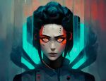  1girl big_hair black_hair curly_hair cyberpunk cyborg english_commentary forehead glowing glowing_eyes highres joints lips looking_at_viewer neon_trim nose nyuunzi orange_eyes original portrait revision robot_joints short_hair sidelocks solo thick_eyebrows xenosexual 