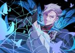  1boy black_background black_gloves blue_butterfly blue_eyes blue_wings bug butterfly butterfly_wings cheekbones fate/grand_order fate_(series) gloves grey_hair grin highres james_moriarty_(fate) kimidorix32 male_focus old old_man sideburns silk smile solo spider_web upper_body white_hair wings 