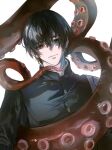  1boy absurdres bangs black_eyes black_hair black_jacket buttons chainsaw_man collared_jacket ear_piercing eyes_visible_through_hair gakuran hair_between_eyes highres jacket looking_at_viewer male_focus mole mole_under_mouth octopus_devil_(chainsaw_man) piercing school_uniform short_hair simple_background smile solo suction_cups tentacles upper_body white_background yoshida_hirofumi yun_yin_huixuan 