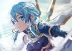  1girl absurdres blue_armor blue_eyes blue_hair blurry blurry_background closed_mouth clouds flying hair_between_eyes hair_tubes highres looking_at_viewer looking_to_the_side mechanical_wings satsuki_(satsuki_art) short_hair_with_long_locks sinon sinon_(solus) sky smile solo sunlight sword_art_online upper_body wings 