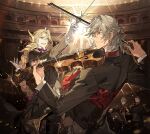  4boys :d album_cover antonio_salieri_(fate) antonio_salieri_(fgo_orchestra)_(fate) antonio_salieri_(second_ascension)_(fate) arm_up baton_(conducting) blonde_hair blue_eyes blue_hair bow_(music) braid braided_ponytail charles-henri_sanson_(fate) conductor cover curly_hair fangs fate/grand_order fate_(series) formal glint grey_hair hair_between_eyes hair_intakes half_updo highres instrument long_hair long_sleeves male_focus multiple_boys music music_stand official_art open_mouth orchestra playing_instrument sherlock_holmes_(fate) sherlock_holmes_(fgo_orchestra)_(fate) short_hair single_braid smile sparkle sweat violin 