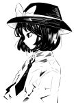  1341398tkrtr 1girl bow closed_mouth collared_shirt fedora from_side hat hat_bow high_contrast highres long_sleeves monochrome necktie shirt short_hair simple_background solo touhou upper_body usami_renko 