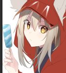  1girl arknights black_one-piece_swimsuit blush ears_through_headwear food grey_hair hair_between_eyes hand_up highres holding_ice_cream hood hood_up hooded_jacket jacket long_hair looking_at_viewer maguro_kan official_alternate_costume one-piece_swimsuit popsicle portrait projekt_red_(arknights) projekt_red_(light_breeze)_(arknights) red_jacket simple_background solo swimsuit white_background yellow_eyes 