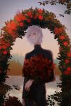  1boy alternate_costume ane_am antonio_salieri_(fate) antonio_salieri_(second_ascension)_(fate) arch blood blood_on_face bouquet expressionless fate/grand_order fate_(series) film_grain flower hair_between_eyes hair_intakes half_updo highres holding holding_bouquet jewelry lake leaf long_sleeves looking_at_viewer male_focus outdoors red_eyes red_flower ring standing turtleneck water 