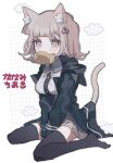  1girl absurdres animal_ears arms_between_legs bangs black_jacket black_shirt black_thighhighs blush breasts brown_eyes brown_hair brown_skirt cat_ears cat_girl cat_tail collared_shirt danganronpa_(series) danganronpa_2:_goodbye_despair food food_in_mouth galaga grey_background grey_shirt hair_ornament highres hood hood_down hooded_jacket jacket large_breasts long_sleeves manaita_no_sake medium_hair nanami_chiaki neck_ribbon no_shoes open_clothes open_jacket pink_ribbon pleated_skirt ribbon shirt sitting skirt tail takoyaki thigh-highs translation_request two-tone_shirt wariza 