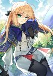  1girl ahoge artoria_caster_(fate) artoria_caster_(second_ascension)_(fate) artoria_pendragon_(fate) belt beret black_bow black_gloves black_pantyhose blonde_hair blue_belt blue_cloak blue_headwear bow buttons capelet cloak clouds cloudy_sky collared_shirt day eyes_visible_through_hair fate/grand_order fate_(series) gem gloves gold_trim green_eyes green_gemstone hat holding holding_staff kamiowl long_hair multicolored_capelet o-ring_belt open_mouth pantyhose purple_bow shirt skirt sky smile staff teeth twintails white_shirt white_skirt 