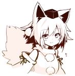  1girl animal_ears bangs bare_shoulders closed_mouth detached_sleeves highres inubashiri_momiji looking_at_viewer monochrome pokopoko_ponzu pom_pom_(clothes) shirt short_hair simple_background smile solo tail touhou white_background white_hair white_shirt white_sleeves wolf_ears wolf_girl wolf_tail 