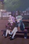  2girls alina_gray amane_hikari aqua_eyes bangs bench blunt_ends breasts breath eating food green_hair hair_between_eyes hair_ornament hair_ribbon highres jacket kneehighs long_hair looking_at_another loose_socks magia_record:_mahou_shoujo_madoka_magica_gaiden mahou_shoujo_madoka_magica medium_hair misono_karin multicolored_hair multiple_girls orange_ribbon parted_bangs parted_hair purple_hair ribbon sakae_general_school_uniform scarf school_uniform sidelocks sitting small_breasts socks star_(symbol) star_hair_ornament straight_hair streaked_hair taiyaki two_side_up very_long_hair violet_eyes wagashi white_socks 