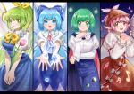  4girls animal_ears anotherred antennae bird_ears bird_wings black_cape blue_bow blue_dress blue_eyes blue_hair blue_pants blue_skirt blue_vest blush bow brown_dress brown_headwear cape cirno closed_mouth daiyousei dress eighth_note fairy fairy_wings green_eyes green_hair grey_eyes hair_bow hat highres ice ice_wings long_hair long_sleeves multiple_girls musical_note mystia_lorelei open_mouth pants pink_hair puffy_short_sleeves puffy_sleeves shirt short_hair short_sleeves side_ponytail skirt smile touhou vest white_shirt white_wings winged_hat wings wriggle_nightbug 